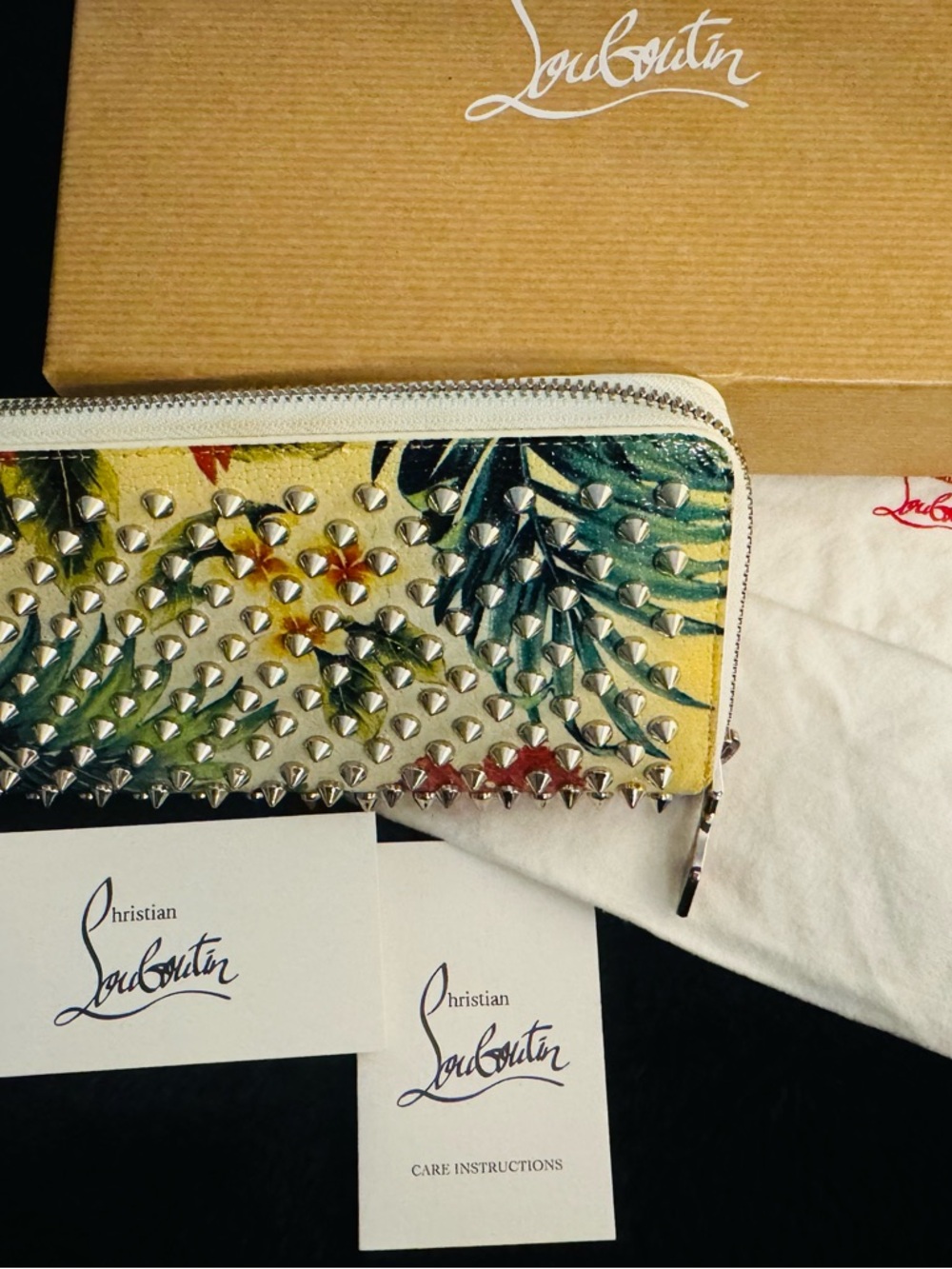 Christian Louboutin Floral Studded Zip Wallet - White, Green, Red